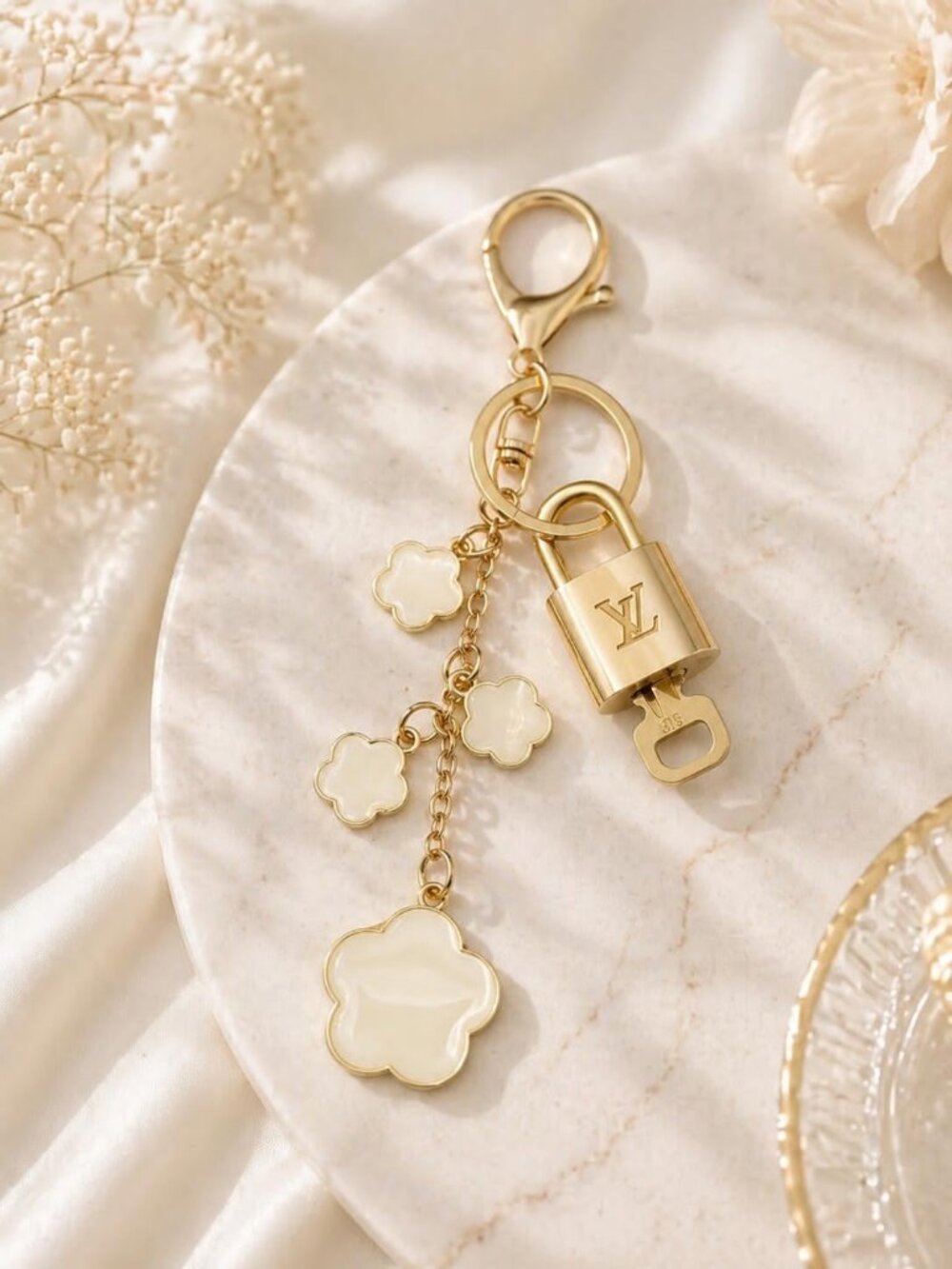 Louis Vuitton Gold Padlock 🔒 Key Set Authentic LV w/ Unbranded Flower Keychain